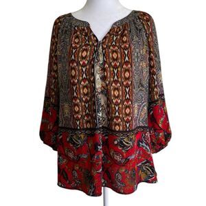 Anthropologie Fig and Flower Women's 1X Aztec Floral Print Button Top 3/4 Sleeve